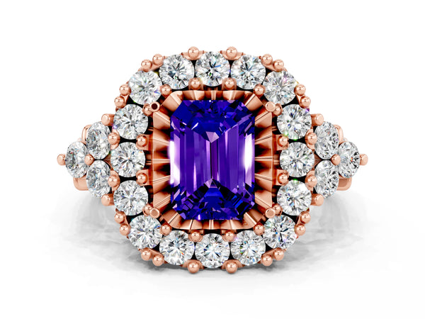Rose gold Emerald Cut Tanzanite Halo Ring with Pavé Band and Four-Prong Setting