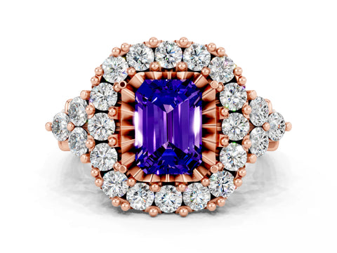 Rose gold Emerald Cut Tanzanite Halo Ring with Pavé Band and Four-Prong Setting_12