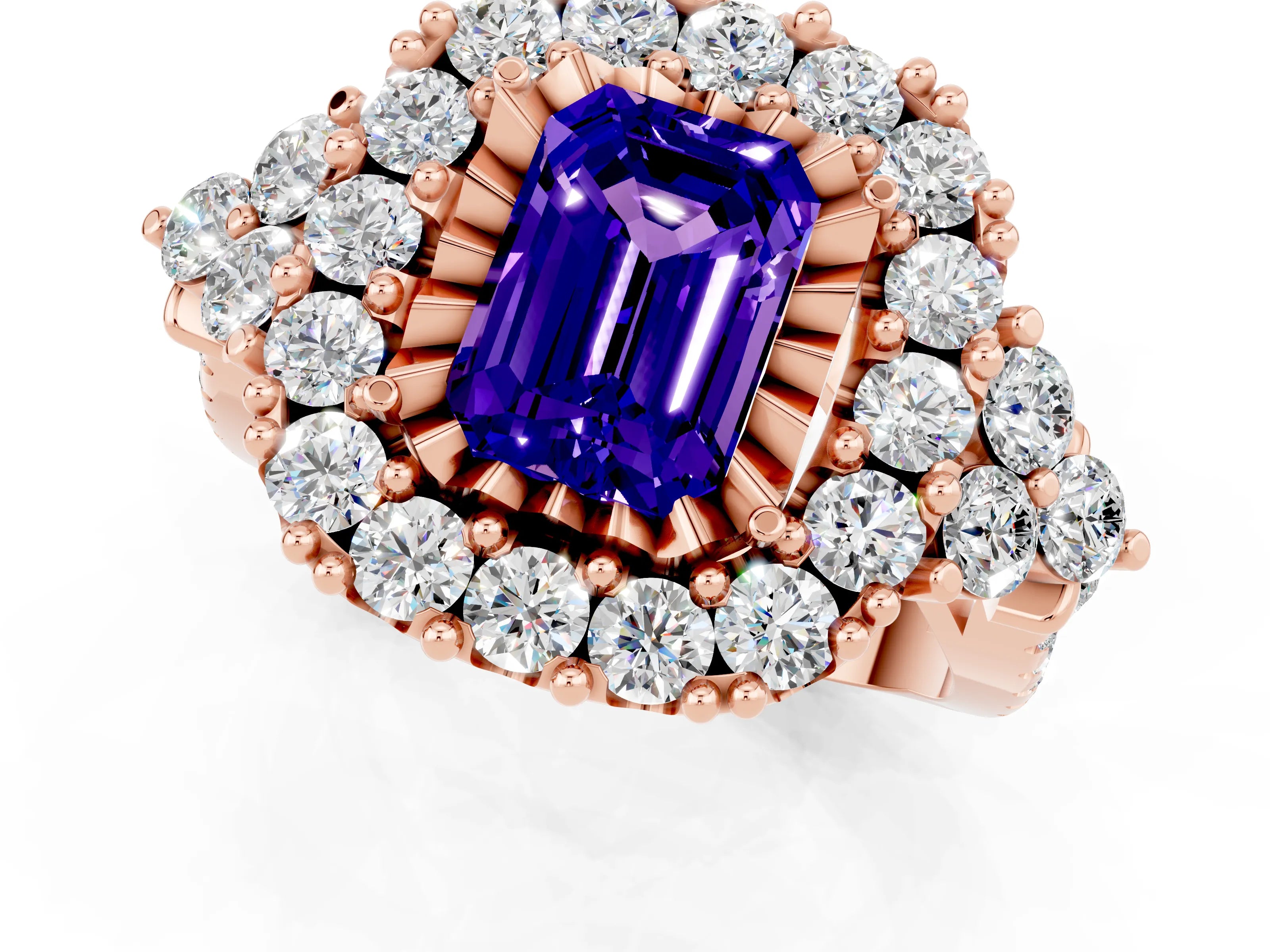 Rose gold Emerald Cut Tanzanite Halo Ring with Pavé Band and Four-Prong Setting_13