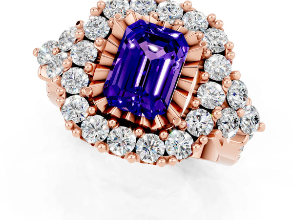 Rose gold Emerald Cut Tanzanite Halo Ring with Pavé Band and Four-Prong Setting