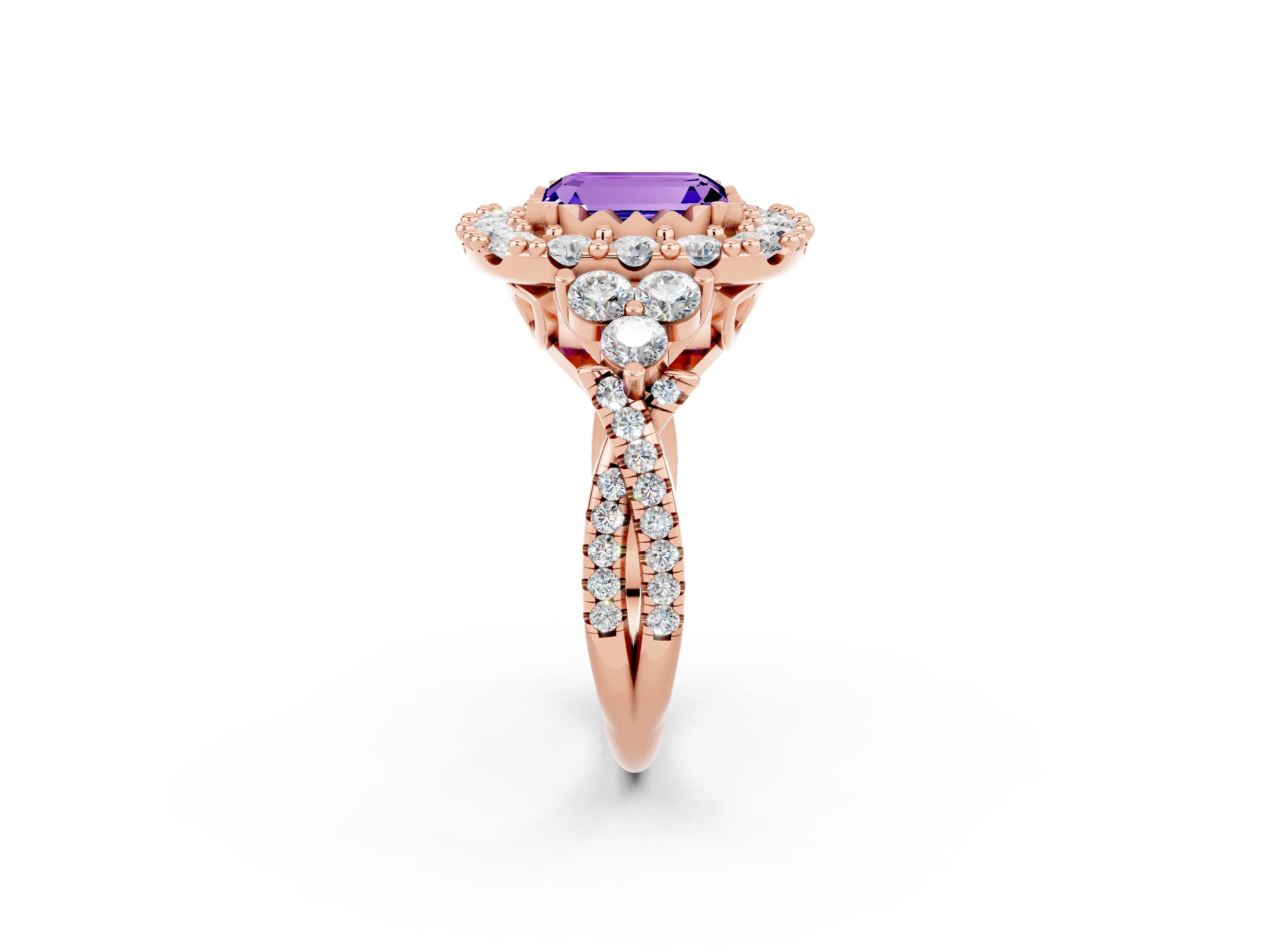 Rose gold Emerald Cut Tanzanite Halo Ring with Pavé Band and Four-Prong Setting_14