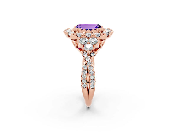 Rose gold Emerald Cut Tanzanite Halo Ring with Pavé Band and Four-Prong Setting