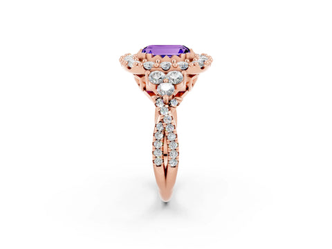 Rose gold Emerald Cut Tanzanite Halo Ring with Pavé Band and Four-Prong Setting_14