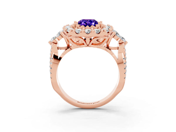 Rose gold Emerald Cut Tanzanite Halo Ring with Pavé Band and Four-Prong Setting