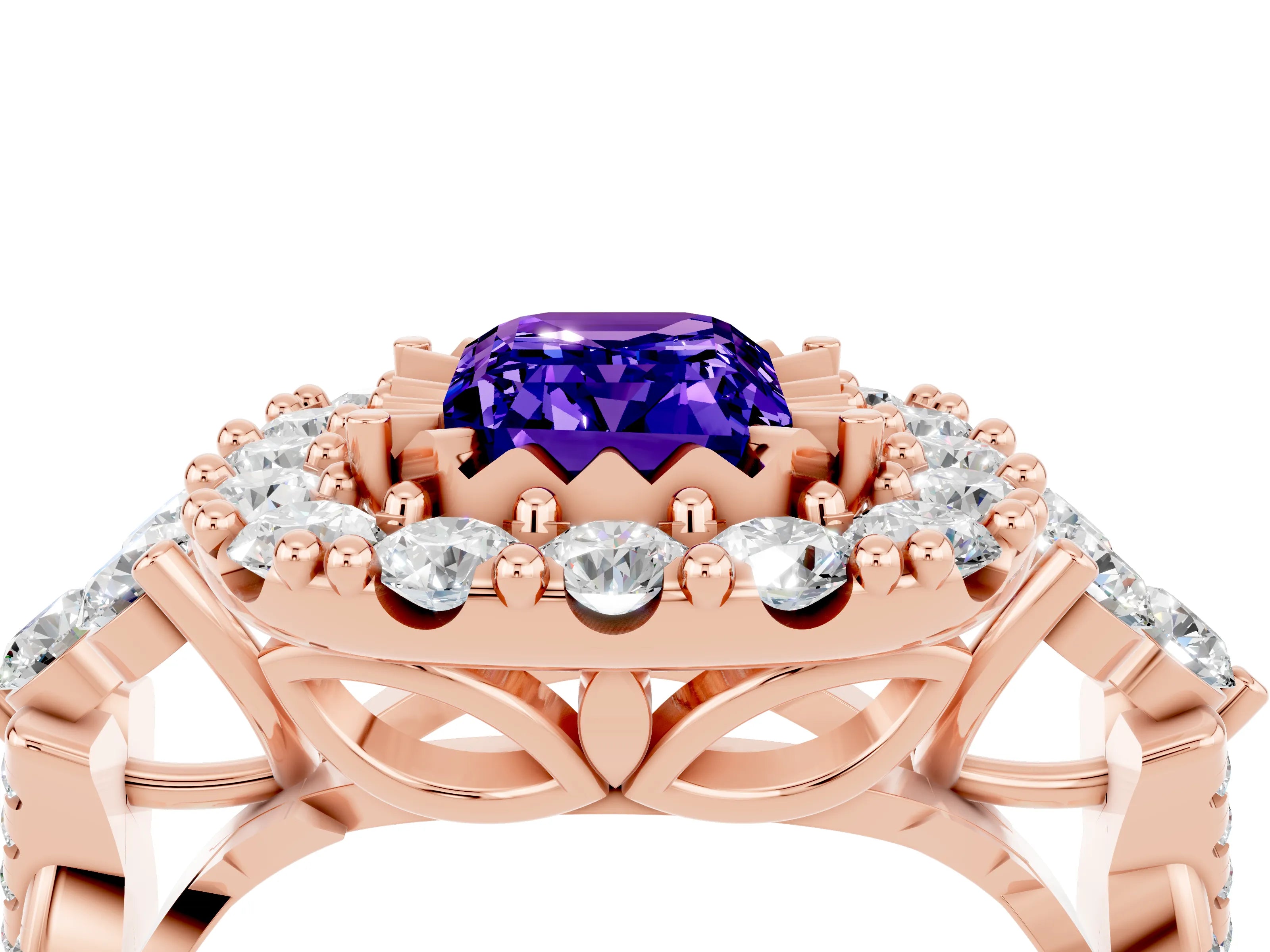 Rose gold Emerald Cut Tanzanite Halo Ring with Pavé Band and Four-Prong Setting_16