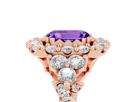 Rose gold Emerald Cut Tanzanite Halo Ring with Pavé Band and Four-Prong Setting_17