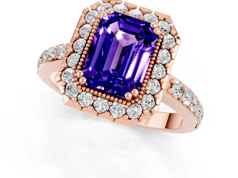 Rose gold Emerald Cut Tanzanite Halo Ring with Pavé Band and Prong Setting_1