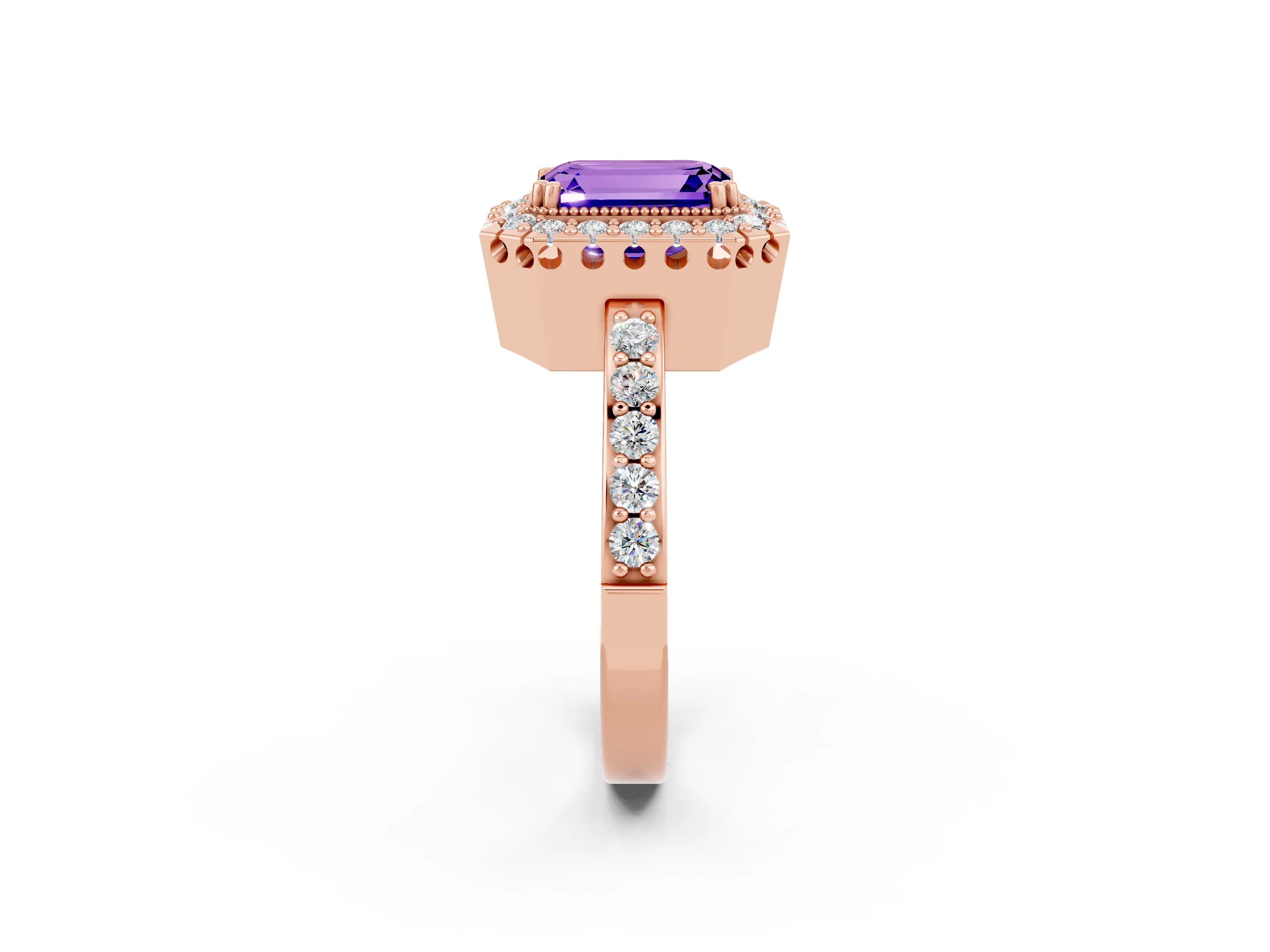 Rose gold Emerald Cut Tanzanite Halo Ring with Pavé Band and Prong Setting_2