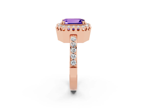 Rose gold Emerald Cut Tanzanite Halo Ring with Pavé Band and Prong Setting
