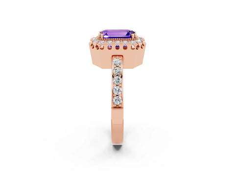 Rose gold Emerald Cut Tanzanite Halo Ring with Pavé Band and Prong Setting_2