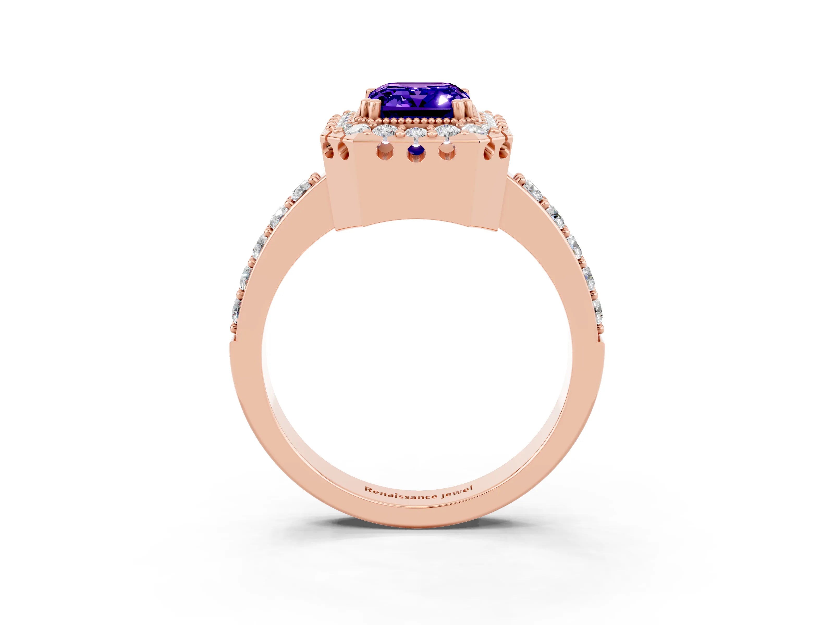 Rose gold Emerald Cut Tanzanite Halo Ring with Pavé Band and Prong Setting_3