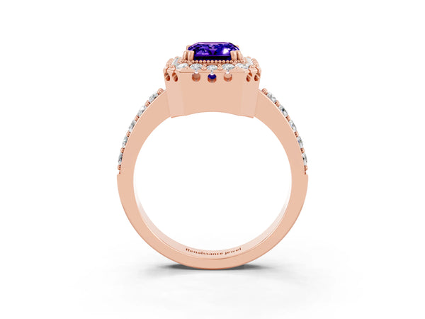Rose gold Emerald Cut Tanzanite Halo Ring with Pavé Band and Prong Setting