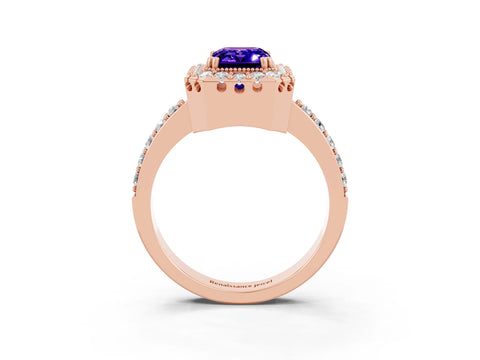Rose gold Emerald Cut Tanzanite Halo Ring with Pavé Band and Prong Setting_3