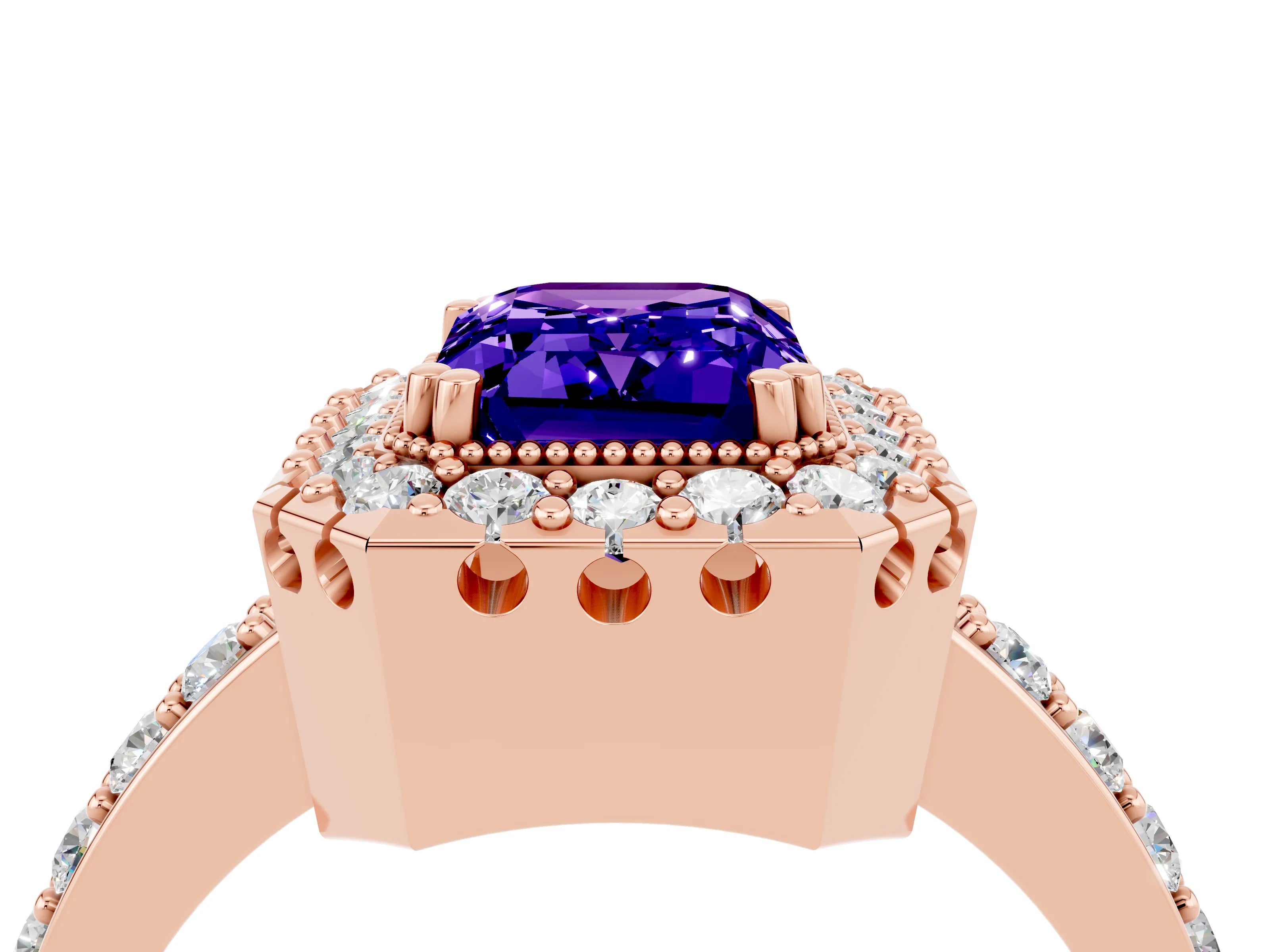 Rose gold Emerald Cut Tanzanite Halo Ring with Pavé Band and Prong Setting_4