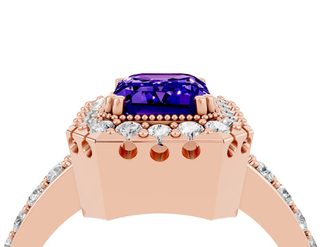 Rose gold Emerald Cut Tanzanite Halo Ring with Pavé Band and Prong Setting_4