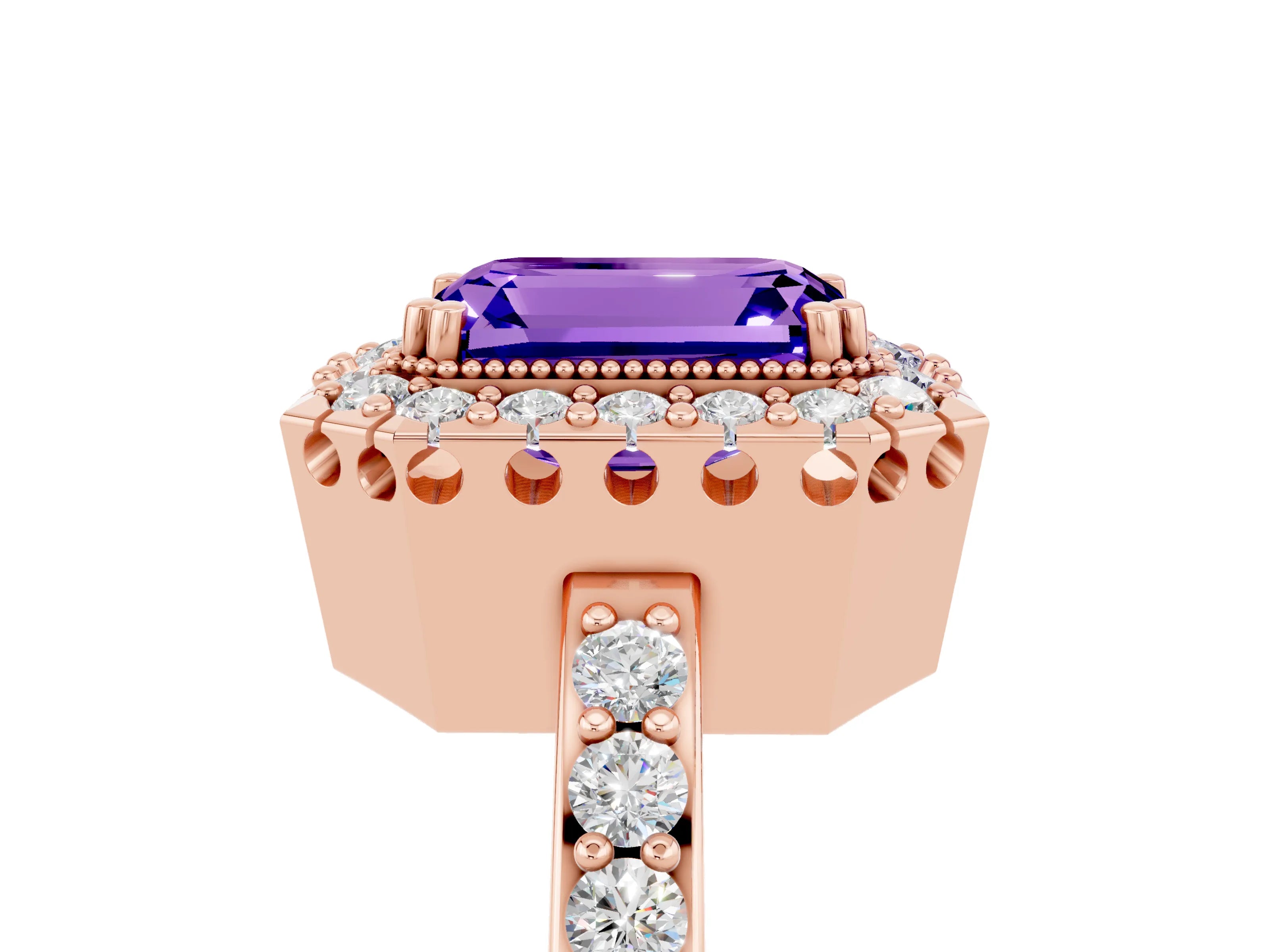 Rose gold Emerald Cut Tanzanite Halo Ring with Pavé Band and Prong Setting_5