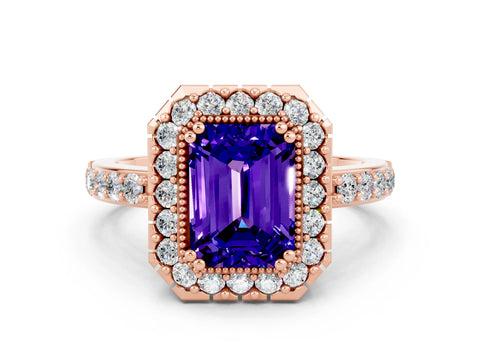 Rose gold Emerald Cut Tanzanite Halo Ring with Pavé Band and Prong Setting