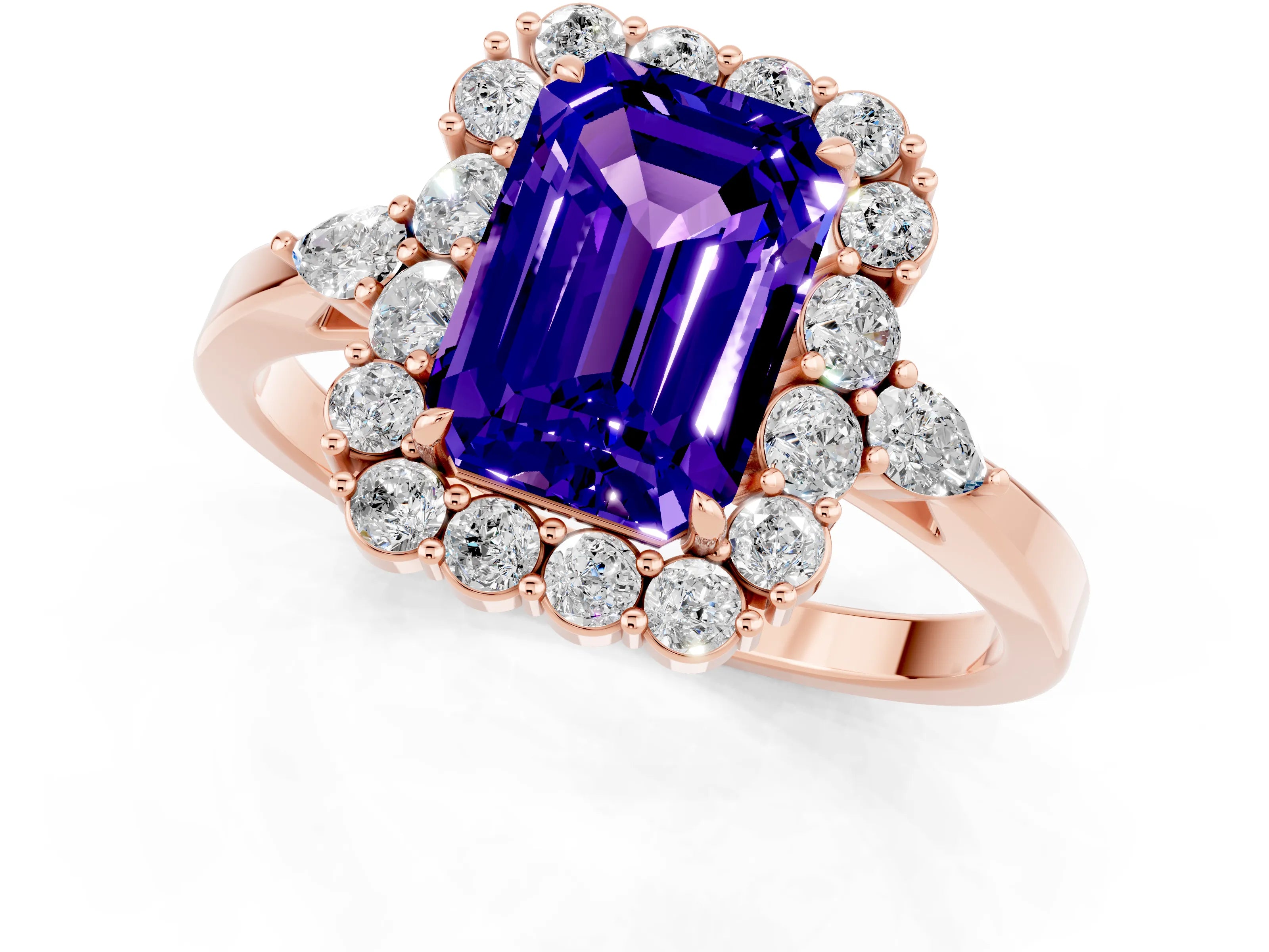 Rose gold Emerald Cut Tanzanite Halo Ring with Pear Side Stones and Prong Setting_13