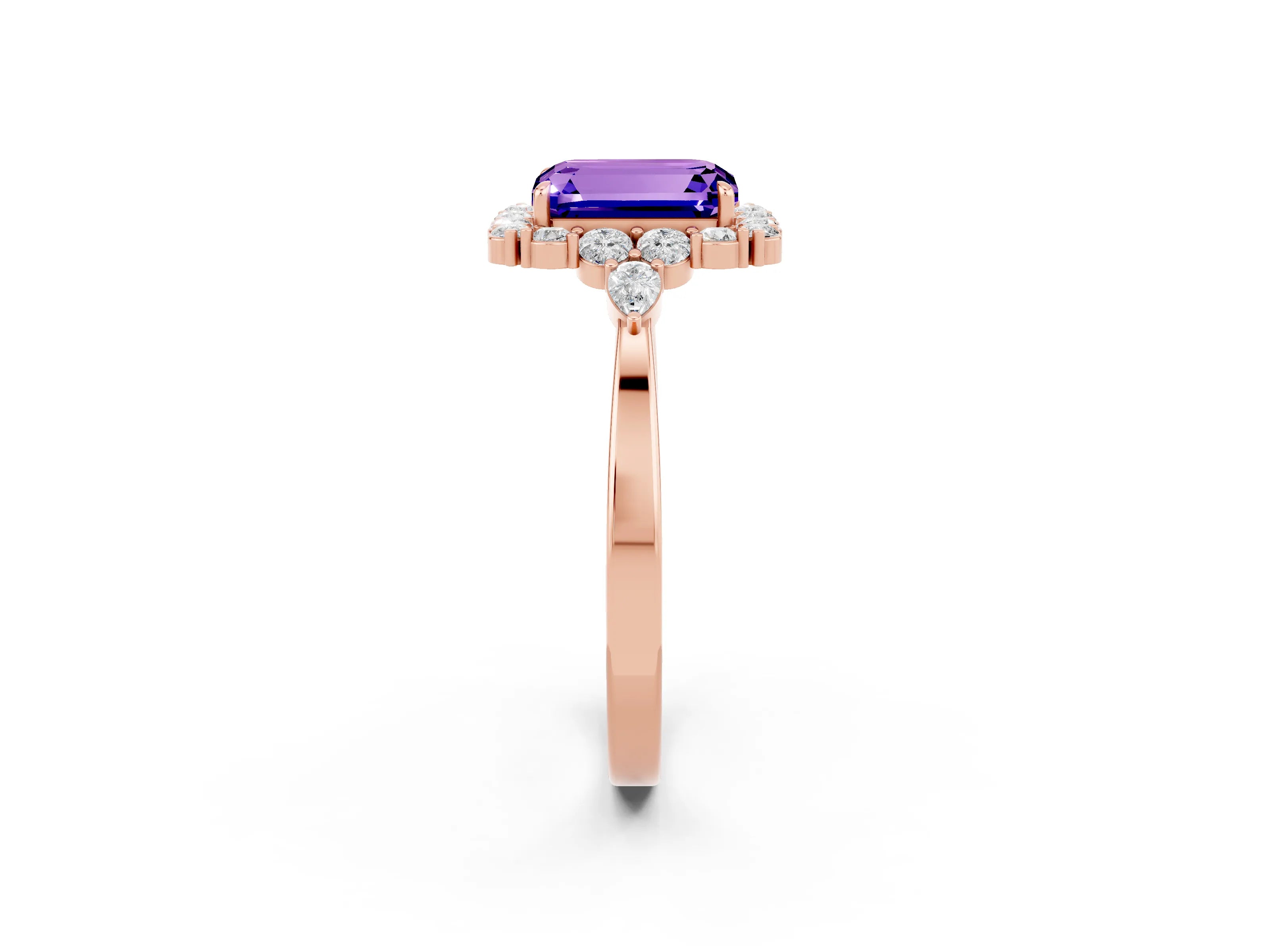 Rose gold Emerald Cut Tanzanite Halo Ring with Pear Side Stones and Prong Setting_14