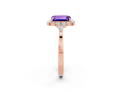 Rose gold Emerald Cut Tanzanite Halo Ring with Pear Side Stones and Prong Setting_14