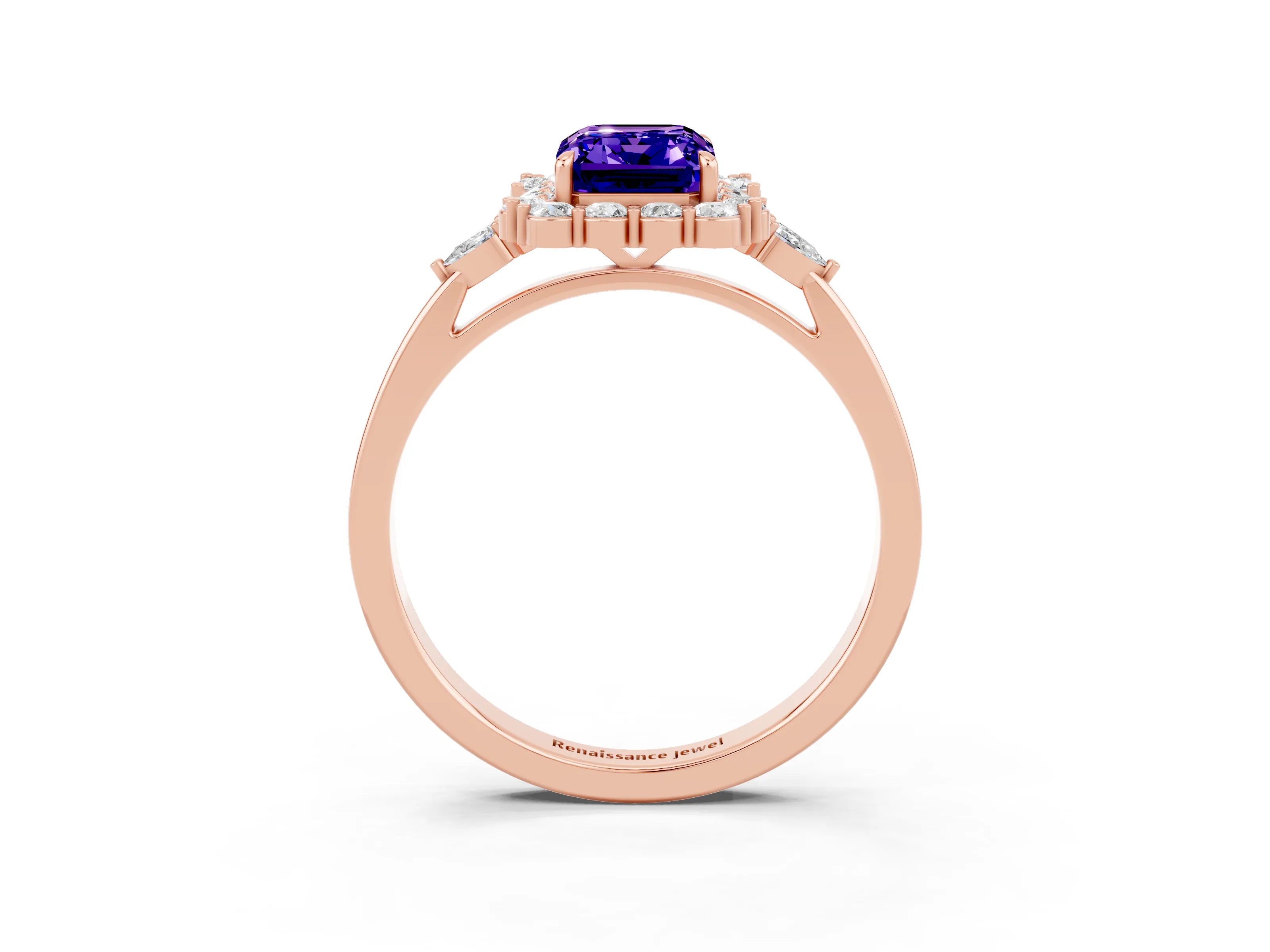 Rose gold Emerald Cut Tanzanite Halo Ring with Pear Side Stones and Prong Setting_15