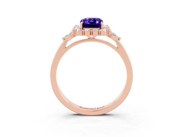 Rose gold Emerald Cut Tanzanite Halo Ring with Pear Side Stones and Prong Setting
