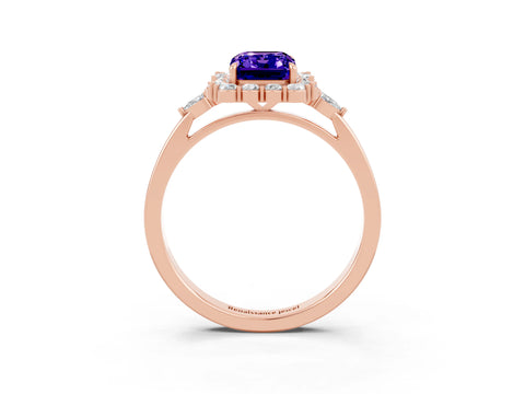 Rose gold Emerald Cut Tanzanite Halo Ring with Pear Side Stones and Prong Setting_15