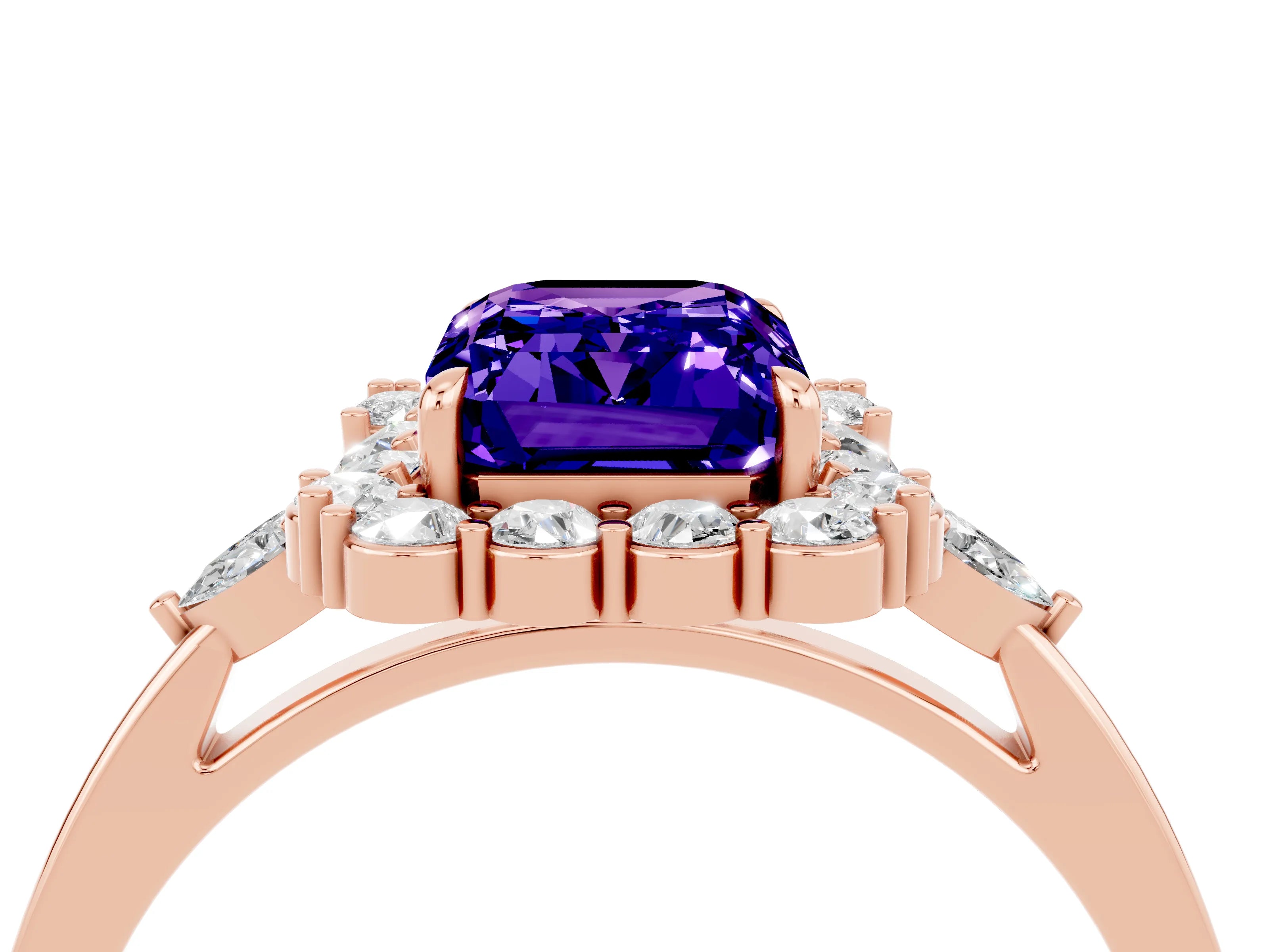 Rose gold Emerald Cut Tanzanite Halo Ring with Pear Side Stones and Prong Setting_16