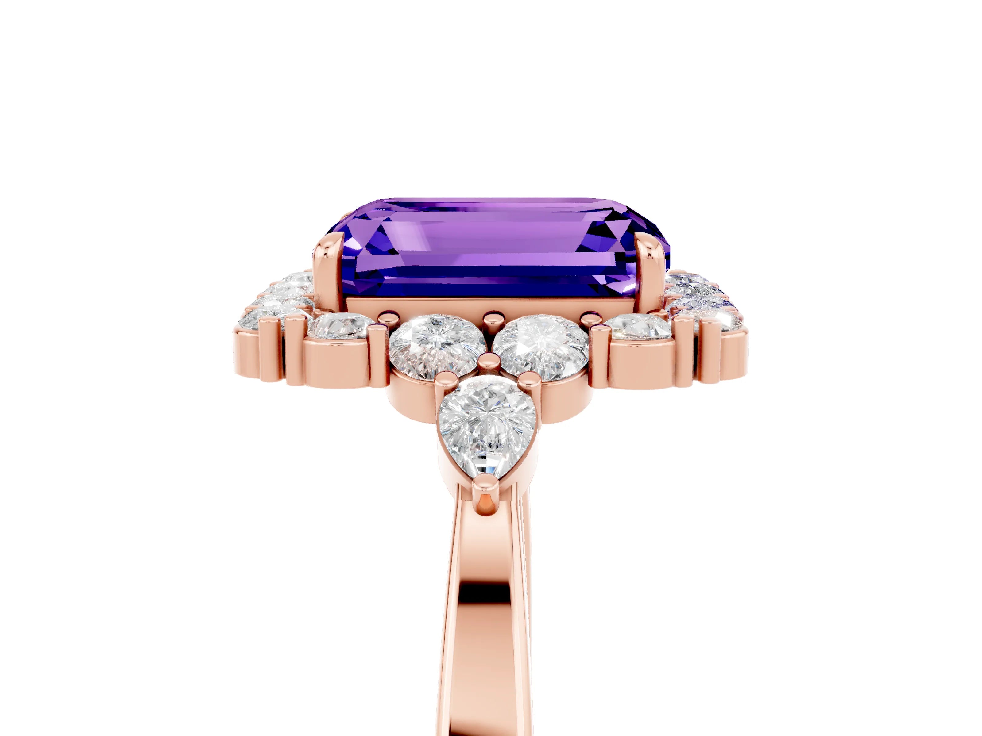 Rose gold Emerald Cut Tanzanite Halo Ring with Pear Side Stones and Prong Setting_17
