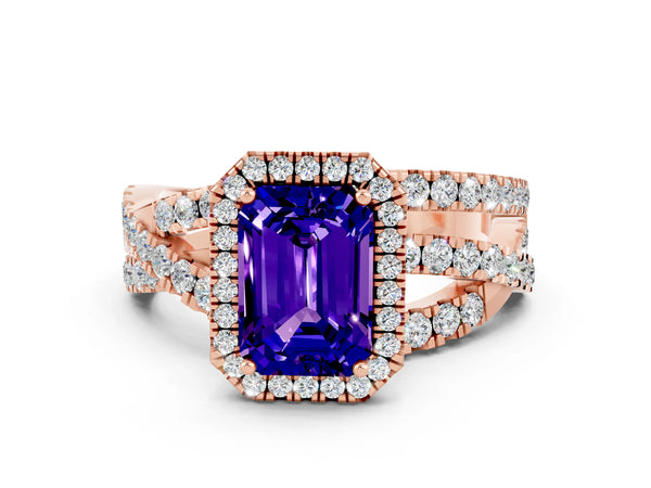 Rose gold Emerald Cut Tanzanite Halo Ring with Round Split Shank and Prong Setting