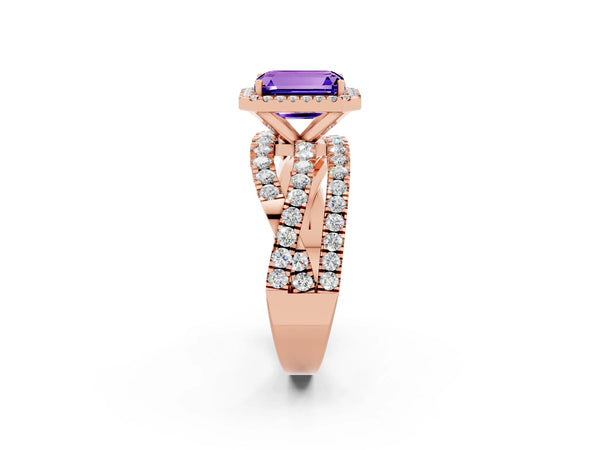 Rose gold Emerald Cut Tanzanite Halo Ring with Round Split Shank and Prong Setting
