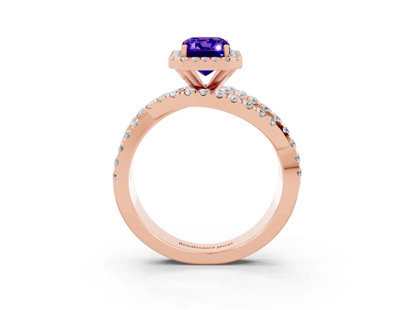 Rose gold Emerald Cut Tanzanite Halo Ring with Round Split Shank and Prong Setting