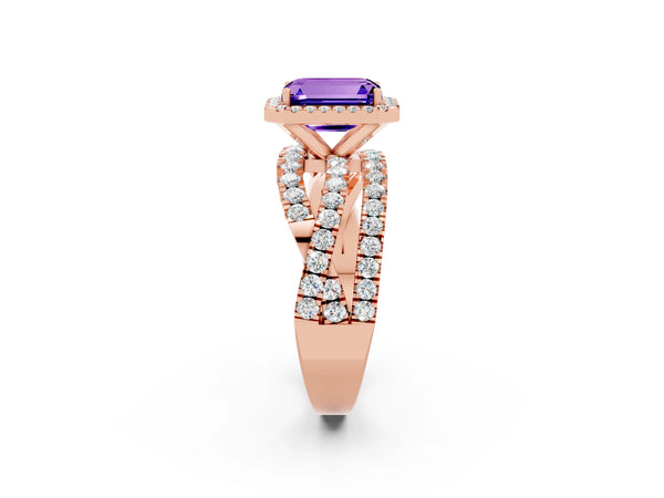 Rose gold Emerald Cut Tanzanite Halo Ring with Round Split Shank and Prong Setting
