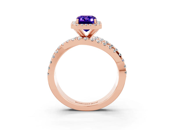 Rose gold Emerald Cut Tanzanite Halo Ring with Round Split Shank and Prong Setting