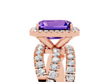 Rose gold Emerald Cut Tanzanite Halo Ring with Round Split Shank and Prong Setting_53