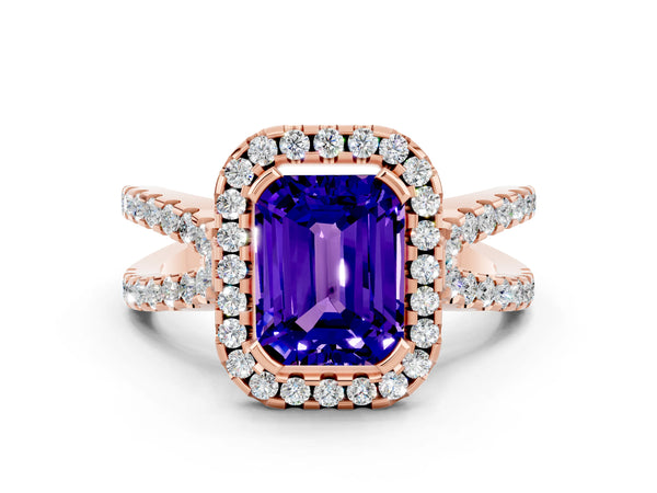 Rose gold Emerald Cut Tanzanite Halo Ring with Split Shank Pavé Band and Prong Setting