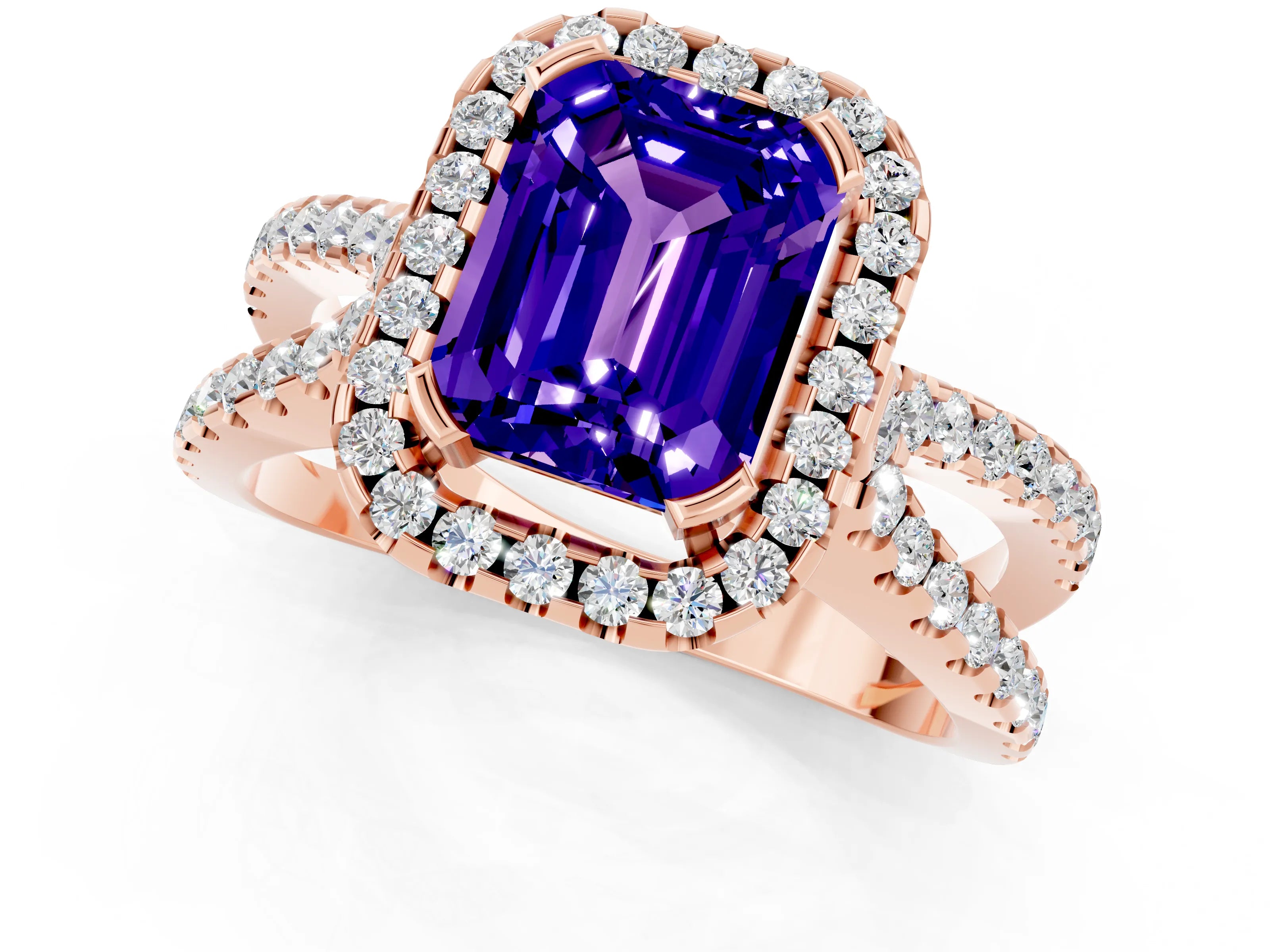 Rose gold Emerald Cut Tanzanite Halo Ring with Split Shank Pavé Band and Prong Setting_1