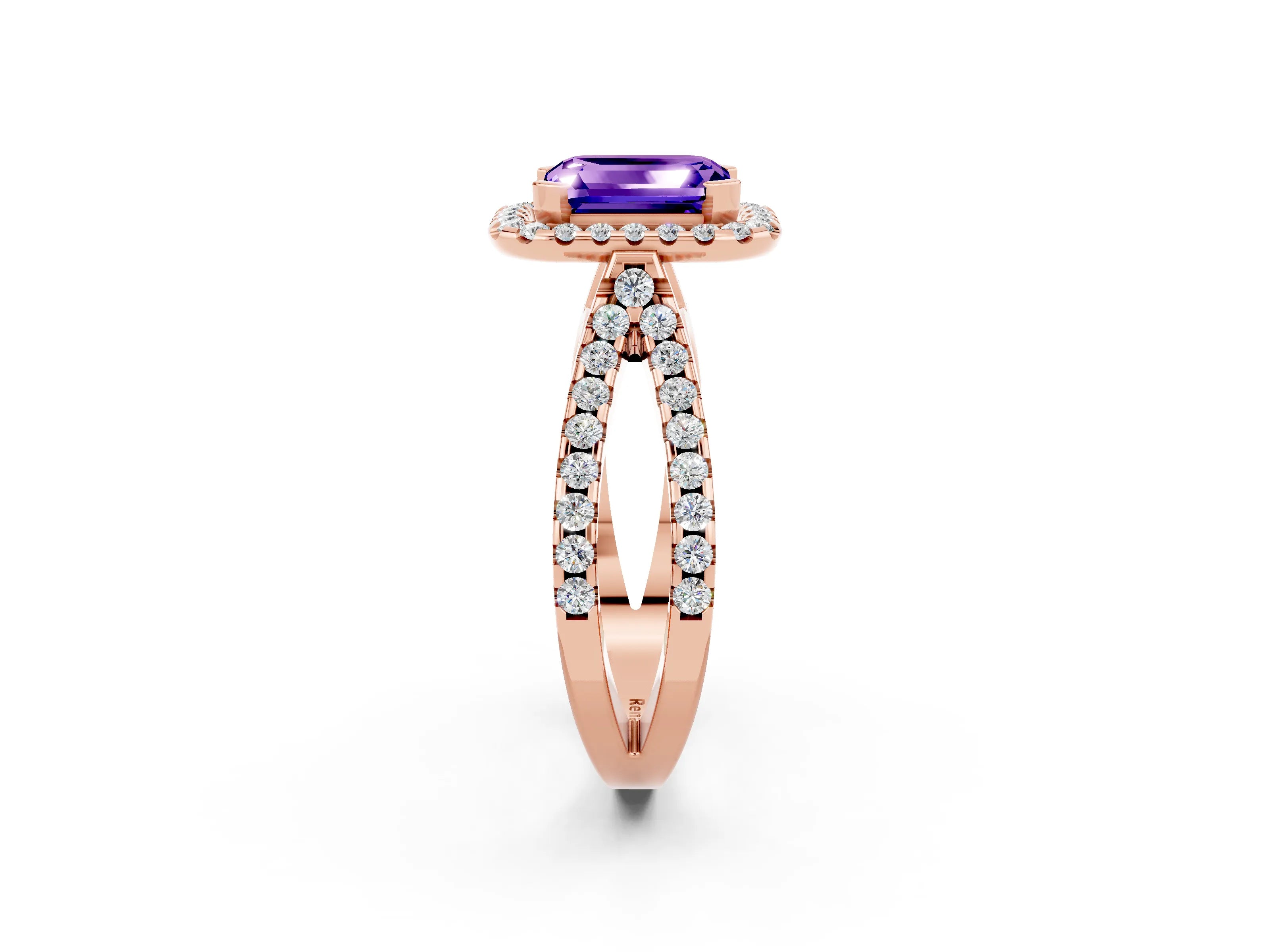 Rose gold Emerald Cut Tanzanite Halo Ring with Split Shank Pavé Band and Prong Setting_2