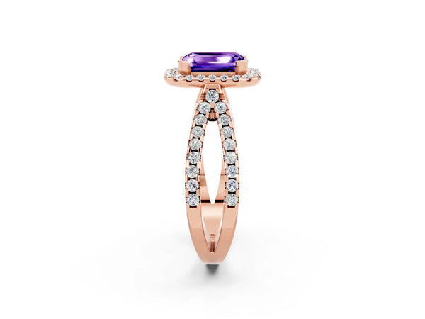 Rose gold Emerald Cut Tanzanite Halo Ring with Split Shank Pavé Band and Prong Setting