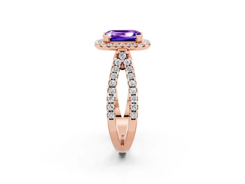 Rose gold Emerald Cut Tanzanite Halo Ring with Split Shank Pavé Band and Prong Setting_2