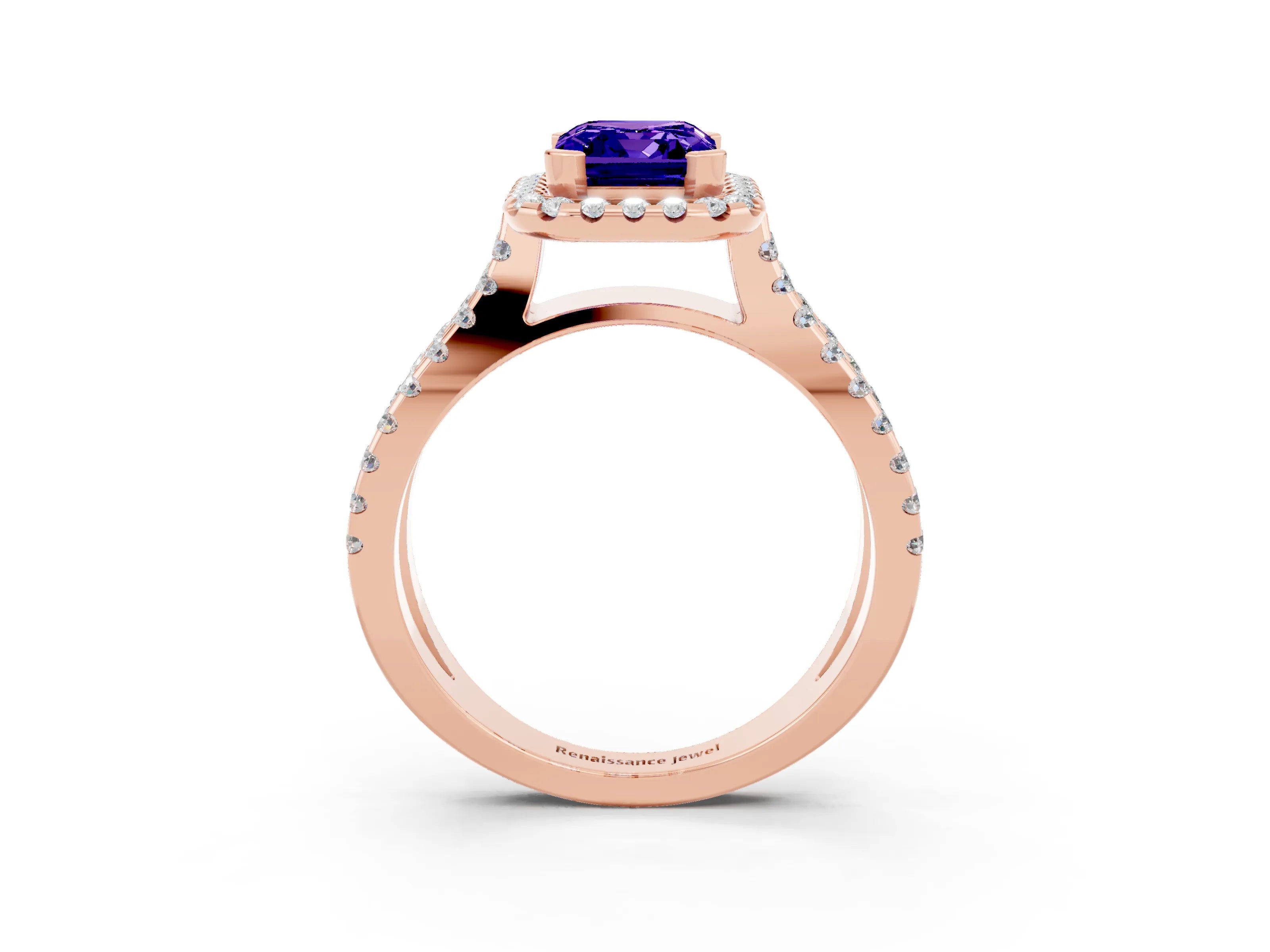 Rose gold Emerald Cut Tanzanite Halo Ring with Split Shank Pavé Band and Prong Setting_3