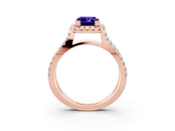 Rose gold Emerald Cut Tanzanite Halo Ring with Split Shank Pavé Band and Prong Setting