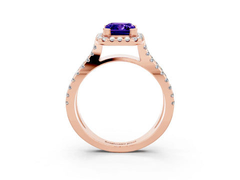Rose gold Emerald Cut Tanzanite Halo Ring with Split Shank Pavé Band and Prong Setting_3