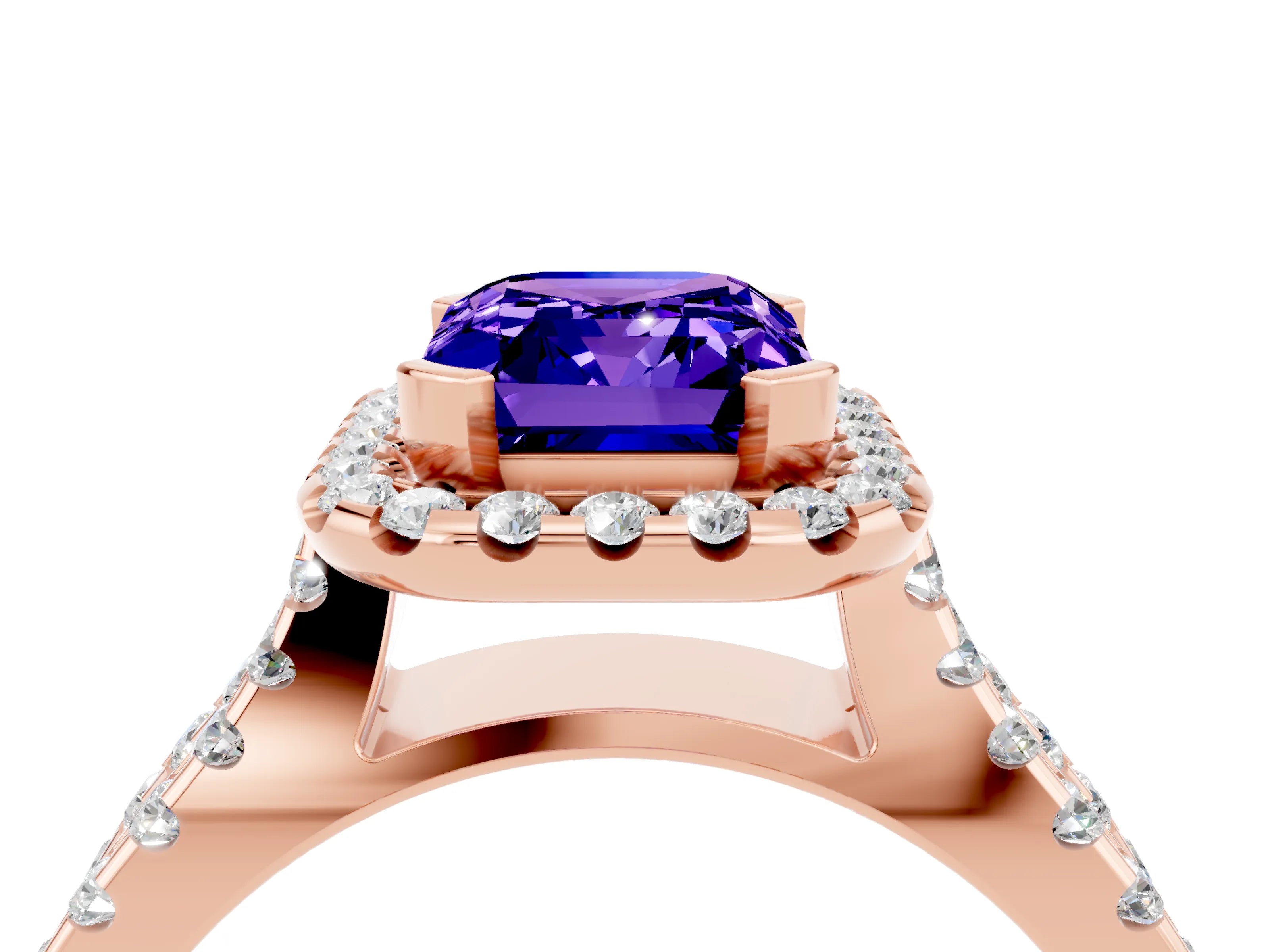 Rose gold Emerald Cut Tanzanite Halo Ring with Split Shank Pavé Band and Prong Setting_4
