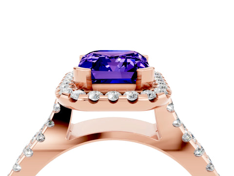 Rose gold Emerald Cut Tanzanite Halo Ring with Split Shank Pavé Band and Prong Setting_4