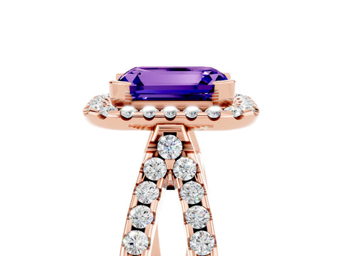 Rose gold Emerald Cut Tanzanite Halo Ring with Split Shank Pavé Band and Prong Setting_5