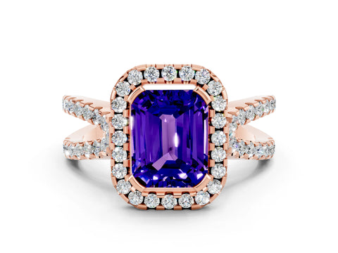 Rose gold Emerald Cut Tanzanite Halo Ring with Split Shank Pavé Band and Prong Setting