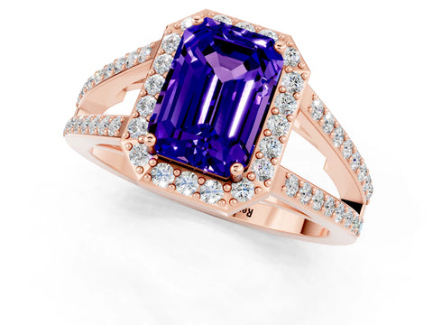 Rose gold Emerald Cut Tanzanite Halo Ring with Split Shank U-Prong Band and Four-Prong Setting_1