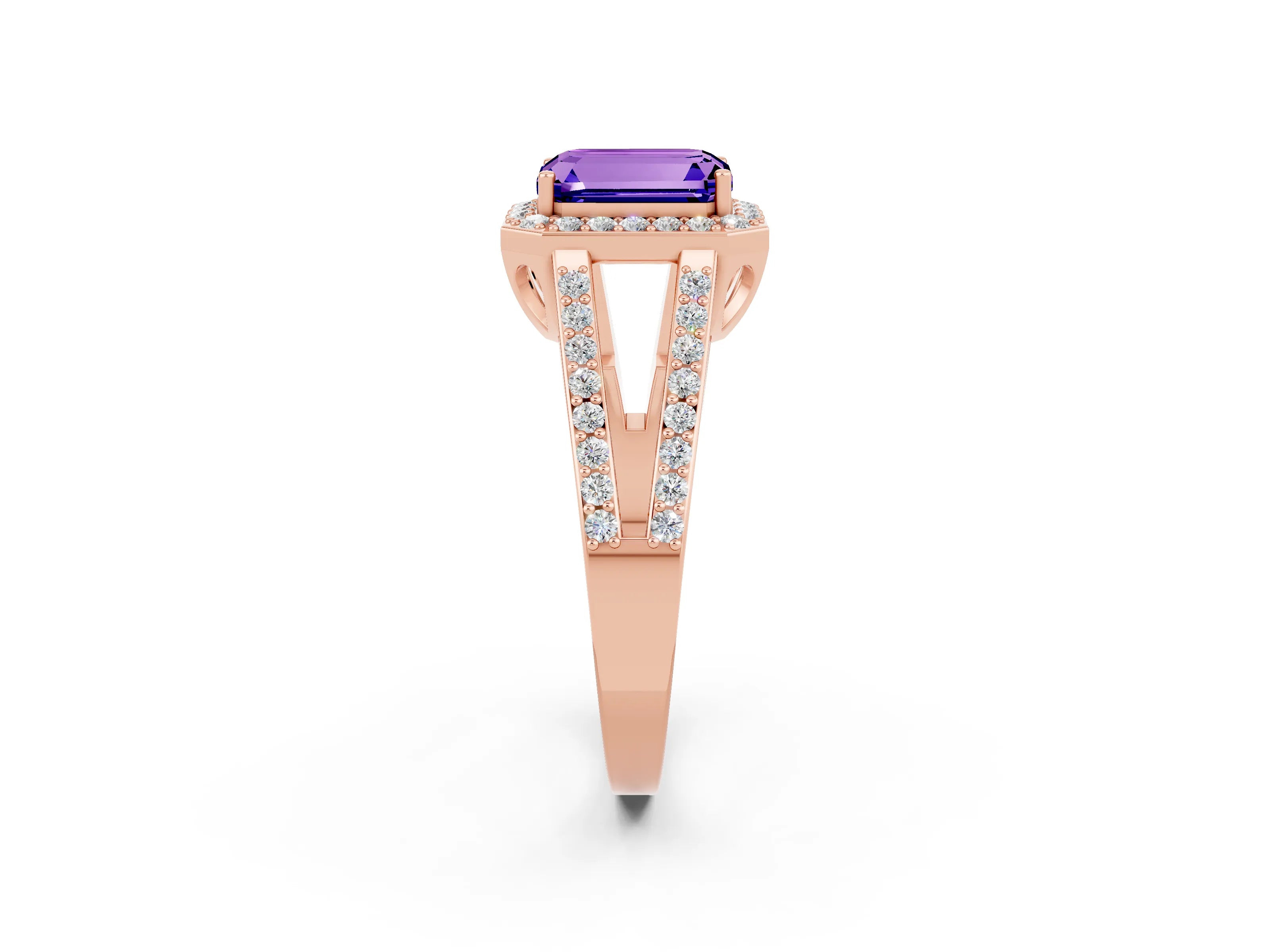 Rose gold Emerald Cut Tanzanite Halo Ring with Split Shank U-Prong Band and Four-Prong Setting_2