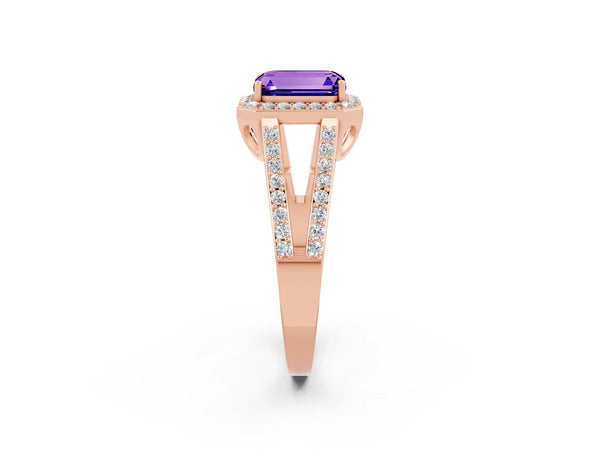 Rose gold Emerald Cut Tanzanite Halo Ring with Split Shank U-Prong Band and Four-Prong Setting